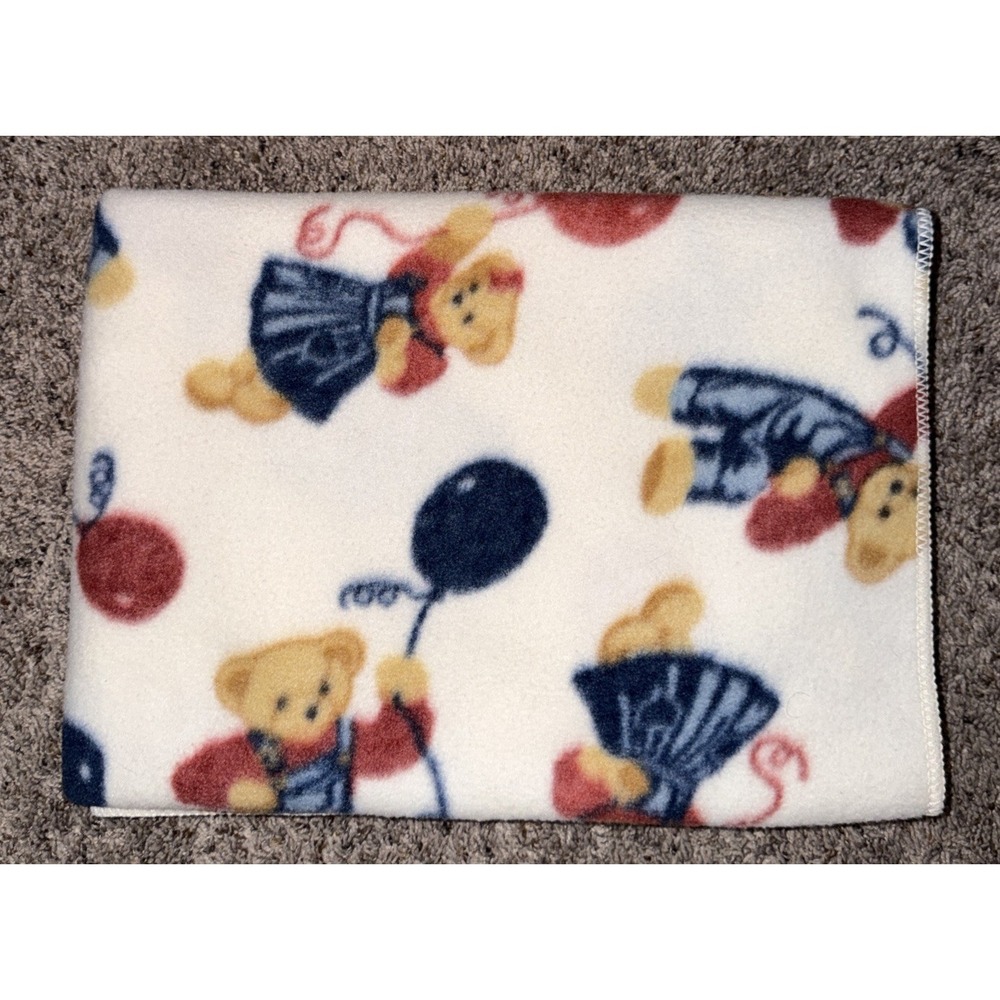 Vtg Blue Jean Teddy Bear Baby‎ Blanket Girl Boy Balloons 28x44